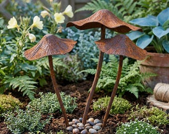 Rustic Metal Mushroom Garden Stakes | Woodland Cottage Outdoor Decor | Farmhouse Lawn Art Ornament