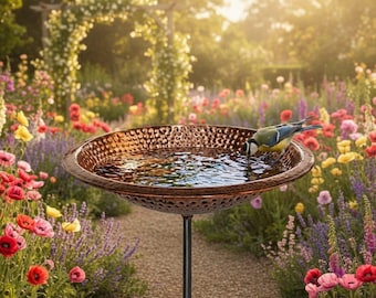 Hammered Copper Bird Bath with Weatherproof Freestanding Metal Stand | Outdoor Patio Yard Decor Bowl for Garden Birds