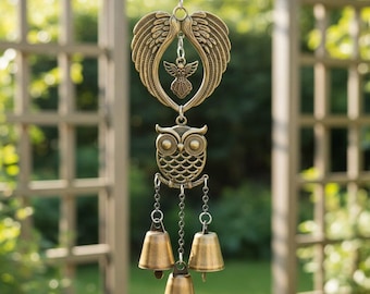 Bronze Owl Angel Wind Chime | Handmade Memorial Decor | Hanging Bells Gift for Home