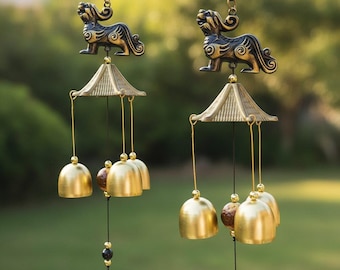 Brass Lion Wind Chime with Pagoda Top | Feng Shui Bells | Outdoor Asian-Inspired Home Decor | Good Luck Gift