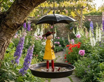 Umbrella Girl Hanging Bird Feeder | Metal Garden Bird Bath Decor | Outdoor Housewarming Gift for Bird Lovers