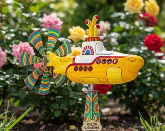 Yellow Submarine Metal Wind Spinner | Colorful Garden Stake for Lawn Decoration | Outdoor Rotating Wind Vane Accent