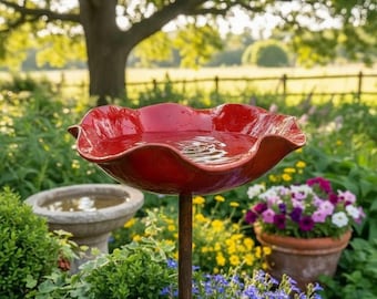 Red Poppy Flower Birdbath | Handmade Outdoor Decoration | Unique Bird Lover Gift