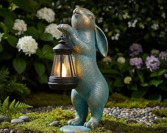 Bunny Garden Statue with Lantern | Outdoor Yard Decor for Pathway | Weatherproof Lawn Night Light Gift for Him