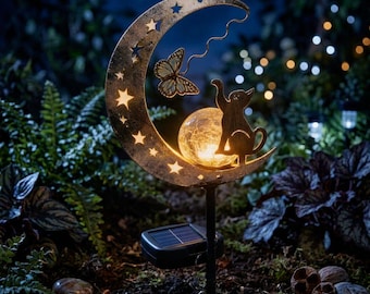 Solar Cat Moon Garden Light | Iron Crescent Moon Stake Lamp | Outdoor LED Yard Decor