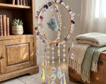 Howl Castle Inspired Colorful Suncatcher | Bohemian Window Crystal Decor | Double Hoop Handmade Natural Stone Suncatcher