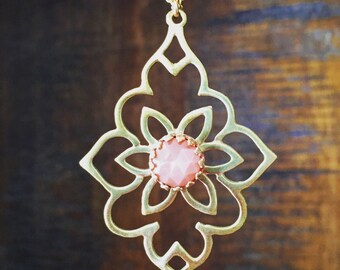 Athena Brass Necklace, guava quartz