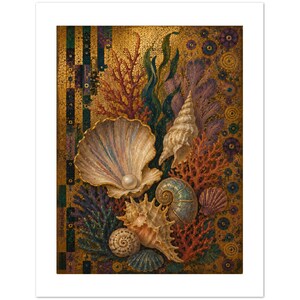 May include: An artistic print featuring a collection of seashells, coral, and seaweed against a textured gold background. The composition includes a large open clam shell with a pearl, various spiral shells, and colorful coral formations.