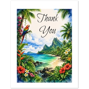 Peut inclure: Impression aquarelle représentant une scène de plage tropicale avec un perroquet, des palmiers et les mots "Thank You". L'œuvre présente une plage vibrante avec une eau turquoise, une plage de sable et une végétation luxuriante, idéale pour une carte de remerciement.