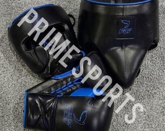 Fly Boxing Gear Set - Op maat gemaakte leren handschoenen, hoofdbeschermer en kruisbeschermer