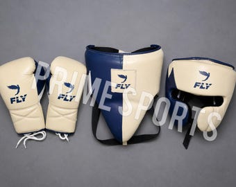 Conjunto de boxeo FLY Style de cuero color crema y azul marino - Guantes y protector de cabeza