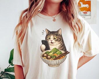 Katzen Ramen T-Shirt, lustiges Nudeln Grafik T-Shirt, Katzenliebhaber Geschenk, Unisex Kitty Kleidung