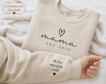 Personalisierte Mama Est Sweatshirt, benutzerdefinierte Kindernamen Ärmel, Minimalist Mom Pullover
