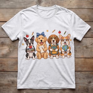 Può includere: Una t-shirt bianca con una grafica di quattro cani in stile cartoon pronti per la scuola. I cani includono un Boston Terrier con libri, un Golden Retriever con un quaderno, un Beagle con zaino e un Corgi che tiene un mappamondo, circondati da matite, mele e stelle.