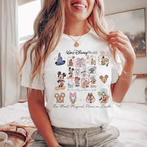 Retro 90s aesthetic white tee featuring Mickey Mouse and friends in a vintage character stamp layout.