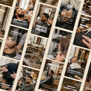 Könnte beinhalten: Eine Collage aus mehreren Fotografien, die eine Barbershop-Umgebung zeigen, mit verschiedenen Szenen von Haarschnitten, Barttrimmen und Styling-Dienstleistungen sowie Preislisten und Werbetexten für ein professionelles Friseurgeschäft.
