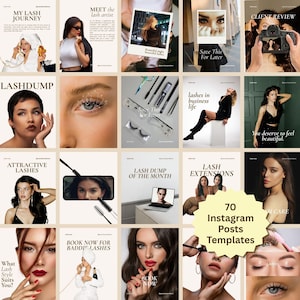 Peut inclure: Une collection de 70 modèles de publications Instagram pour stylistes de cils, présentant diverses mises en page avec des photographies de personnes, des outils d'application de cils et des textes comme My Lash Journey et Lashdump.