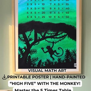 May include: A framed, hand-painted poster with a jungle theme, teaching the 5 times table. The artwork features a monkey, trees, and the multiplication facts from 1x5 to 10x5. The background is a gradient of blue and green.