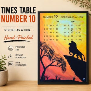 Lion Multiplication Table 10, Safari Math Educational Poster, Savanna Nursery Wall Art, Visual Learning Aid for Kids, Digital Download