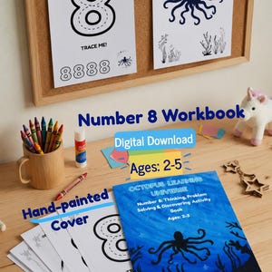Werkboek voor kleuters (nummer 8) | Probleemoplossende activiteiten en denkvaardigheden met de octopus | Montessori wiskunde (pdf) | Thuisonderwijs (pdf) | Leeftijd 2-5