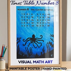 May include: A framed educational poster with the text "Times Table Number 8" and "Number 8 - The Clever Octopus." The poster features multiplication facts and a blue underwater scene with an octopus. The words "Visual Math Art" are also visible.
