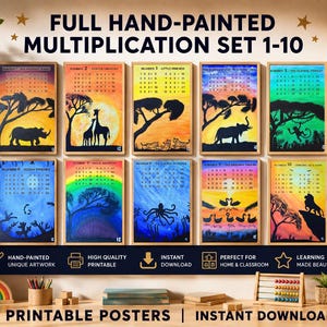Safari Math Poster Set 1-10, Hand-Painted Multiplication Set, Montessori Waldorf Homeschool Decor, Educational Nursery Art, Instant Download