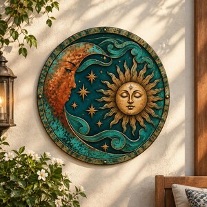 Celestial Sun and Moon Metal Wall Art, Vintage Teal Patina Moon Face Decor, Rustic Boho Wall Hanging, Mystical Celestial Home Decor