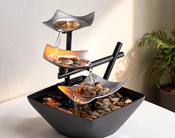 Tabletop Water Fountain, Cascading Tiers, River Rocks, Zen Decor, Automatic Pump