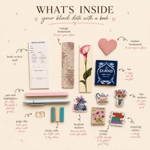 May include: A blind date with a book set containing a book review card, two bookmarks with floral patterns, a heart-shaped leather bookmark, a Pukka night time tea bag, a pink pen, a blue highlighter, a gold book-shaped clip, three sticky tabs, and five stickers featuring books, a teapot, flowers, and a Cosmos plant.