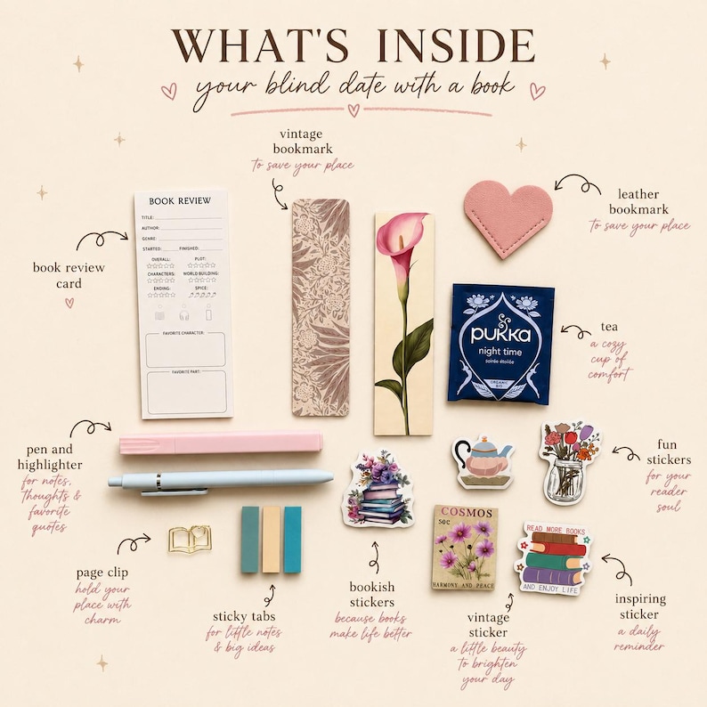 May include: A blind date with a book set containing a book review card, two bookmarks with floral patterns, a heart-shaped leather bookmark, a Pukka night time tea bag, a pink pen, a blue highlighter, a gold book-shaped clip, three sticky tabs, and five stickers featuring books, a teapot, flowers, and a Cosmos plant.