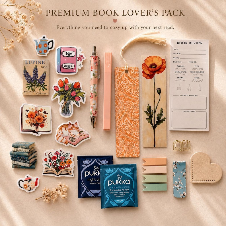 May include: A Premium Book Lover's Pack containing various stationery items: floral and book-themed stickers, a patterned pen, a highlighter, two bookmarks, a book review notepad, tea bags, sticky tabs, a metal book clip, and a heart-shaped felt piece.
