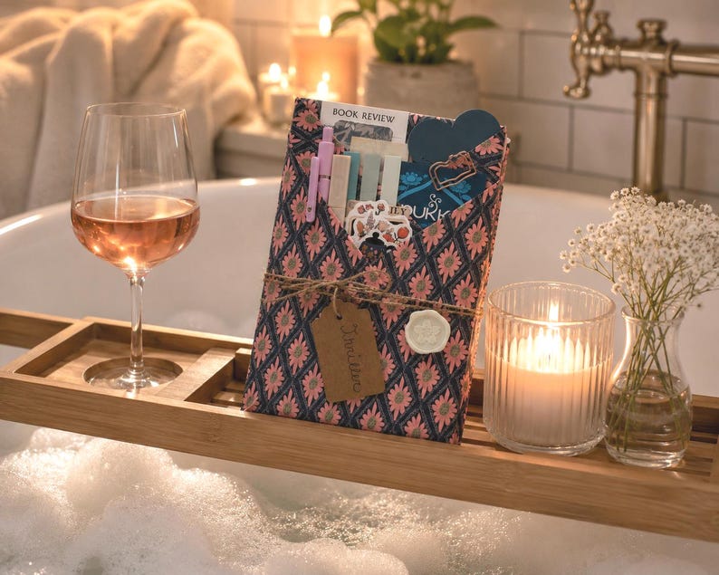 May include: A bamboo bathtub tray holds a glass of rose wine, a gift-wrapped book with a floral pattern, a brown paper tag labeled Thriller, a white wax seal, pens, and stickers. A glass candle and a small vase of baby's breath flowers are also present.