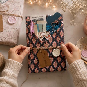 May include: A rectangular envelope wrapped in dark blue paper with a pink floral diamond pattern, containing a book review card, a light purple pen, a beige clip, and stickers. A brown tag labeled Thriller and a white wax seal are attached.