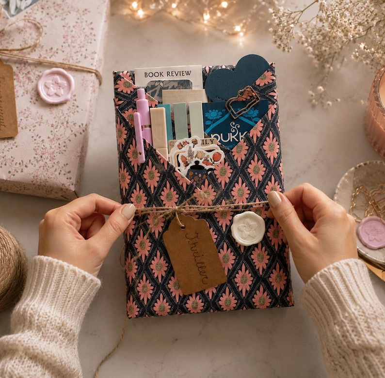 May include: A rectangular envelope wrapped in dark blue paper with a pink floral diamond pattern, containing a book review card, a light purple pen, a beige clip, and stickers. A brown tag labeled Thriller and a white wax seal are attached.