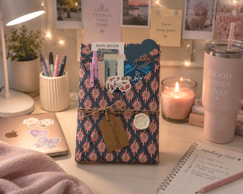 May include: A rectangular book sleeve featuring a dark blue fabric with a repeating pink and green floral diamond pattern. The sleeve is wrapped with twine, a brown paper tag, and a white wax seal, containing pens, bookmarks, and stickers.