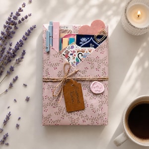 May include: A rectangular package wrapped in light pink paper with a delicate brown vine and berry pattern, tied with twine. It contains stationery items, a heart-shaped cutout, and a brown tag labeled Historical Fiction with a pink wax seal.