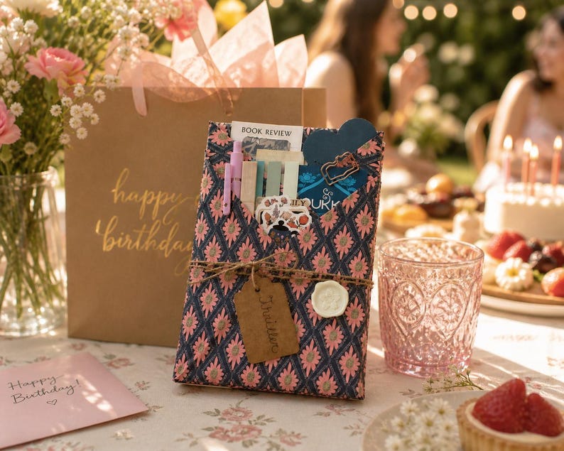 May include: A rectangular gift package wrapped in dark blue paper with a pink floral pattern, tied with twine and a brown tag labeled Thriller. The package contains stationery items, including pens and cards with the text Book Review and JURK.