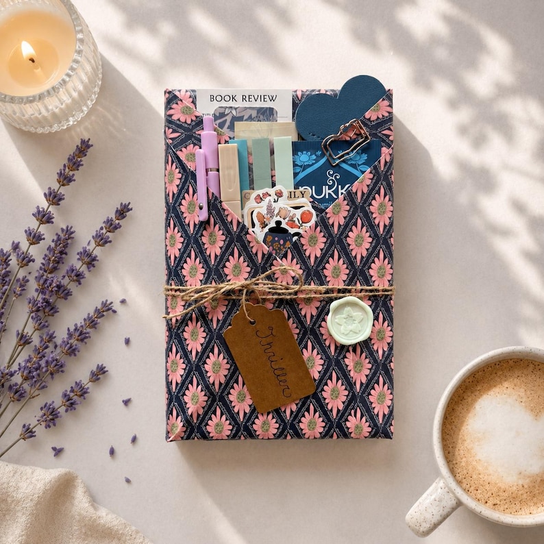 May include: A rectangular package wrapped in dark blue paper with a pink floral diamond pattern, tied with twine. It contains a book review card, pens, sticky notes, stickers, and a metal clip. A brown tag labeled Thriller and a wax seal are attached.