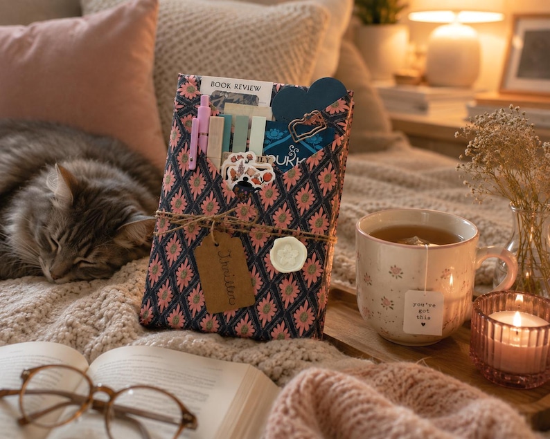 May include: A rectangular book sleeve featuring a dark blue and pink floral diamond pattern, tied with twine and a brown tag labeled Thriller. The sleeve holds pens, sticky notes, and a blue card. A mug with a tea bag tag reading you've got this sits nearby.