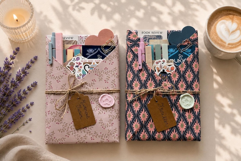 May include: Two rectangular gift-wrapped packages featuring stationery items tucked into the top folds. The left package has light pink floral paper, a brown tag labeled Historical Fiction, and a pink wax seal. The right package has a dark blue and pink geometric pattern, a brown tag labeled Thriller, and a light green wax seal.