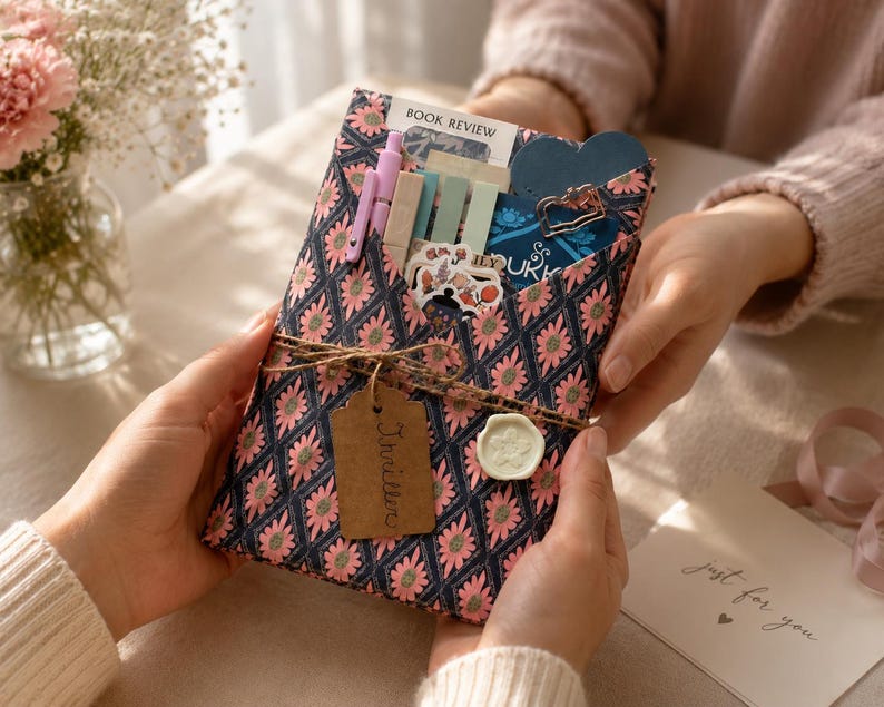 May include: A rectangular fabric pouch featuring a dark blue diamond pattern with pink flowers. The pouch contains a light pink pen, several pastel sticky note tabs, a blue heart-shaped card, and a sticker. It is tied with twine and a brown tag labeled Thriller.