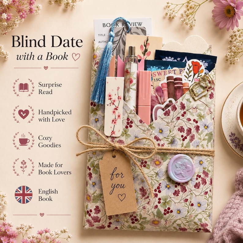 May include: A floral-patterned paper envelope tied with twine, containing a book, a bookmark with a blue tassel, a pen, and stickers. A brown tag labeled 'for you' with a heart icon is attached. The text 'Blind Date with a Book' is visible.