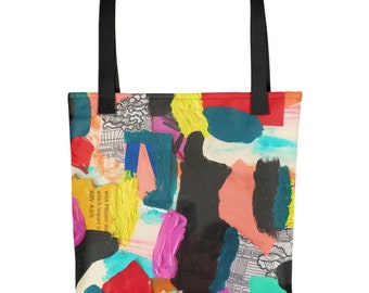 Tote bag/Art Tote/Colorful Tote Bags/Spring Blossoms Tote/Reusable Bags/Grocery Bag/Colorful Bag/Mixed Media Art/Spring Rhythm/Red Black