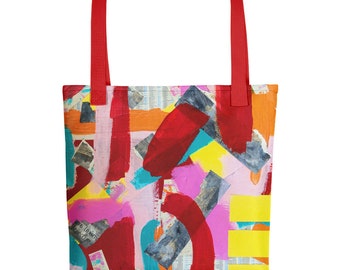 Tote bag "rebuild"/Colorful Patterned Bags/Reusable Red Pink Yellow Bag/Tote Bags/Unique Totes/Grocery Bag/Mixed Media Art Tote/Unique Bag