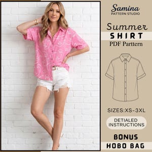 Könnte beinhalten: Ein pinkfarbenes kurzärmeliges Hemd mit weißem Gesichtsmuster, kombiniert mit weißen Shorts. Das Bild enthält den Text "Summer SHIRT PDF Pattern" und "SIZES: XS-3XL". Der Schnitt des Hemdes wird neben dem Model angezeigt.