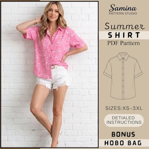 Women's Summer Shirt Sewing Pattern: PDF Short Sleeve Button Down - Oversized Aesthetic Blouse