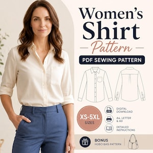 Patron de couture PDF pour chemise boutonnée femme | Chemisier classique à col | Chemise à manches longues | XS-5XL | Téléchargement numérique