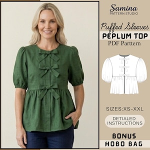 Mönster för peplumtopp med puffärm i PDF-format | Mönster för blus med rosett framtill för kvinnor | Digital nedladdning | XS-XXL | Nybörjarsömnad
