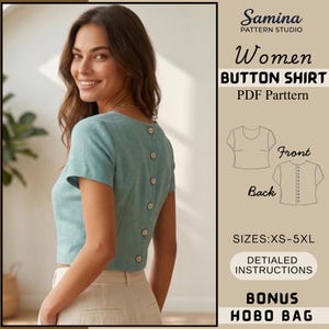 Peut inclure: Une femme porte une chemise boutonnée bleu clair avec des boutons en bois dans le dos. La chemise fait partie d'un patron PDF de Samina Pattern Studio, tailles XS à 5XL. Bonus sac hobo et instructions détaillées.