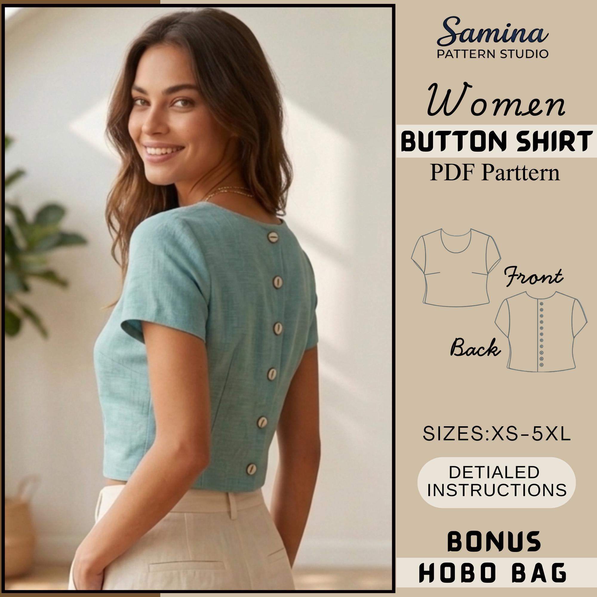 Naaipatroon damesshirt met knoopsluiting: pdf-croptop met korte mouwen | Digitale download XS-5XL | Zelfgemaakt zomertoppatroon